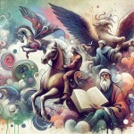 تصویر کارتونی فردوسی سوار بر اسب رستم و در کنار آن رستم ایستاده باشد و کتاب شاهنامه به دستش باشد و در آسمان سیمرغ در حال پرواز کردن باشد و وزن ها و ارکان عروضی نیست در قسمتی از کناره های تصویر به صورت کم‌رنگ طراحی شده باشند.