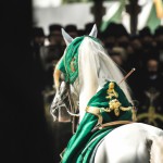 امام حسین با صورتی نورانی در روز عاشورا روبروی سپاه چندین هزار نفره  سوار بر اسب سفید و زیبا در حالیکه عمامه سبز به سر دارد و عبایی به رنگ قهوه ای روشن