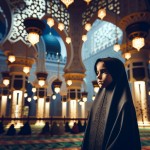 دختری محجبه با چادری مشکی که در شب قدر در مسجد است