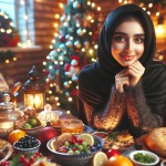 دختری با چادر مشکی سر سفره عید نو روز