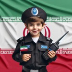 عکس یک‌ پسر ۶ ساله با لباس پلیسی ایران واقعی بساز در حالیکه بیسیم در دست دارد و با لبخند به دوربین نگاه میکند و بک گراند پرچم مات ایران است