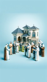 یک لوگو بساز برای املاک که توی تصویر یک پادشاه ایرانی درحال هدیه دادن خونه با دستان خود به مردم هست و مردم همگی خوشحال هستن