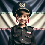 عکس یک پسر ۶ ساله ایرانی با لباس و کلاه پلیسی ایرانی
نگاه می‌کند و بک گراند پرچم‌مات  ایران بیسیم به 
 دست درحالیکه با لبخند نگاه می‌کند و بک گراند پرچم‌مات ایران است بساز