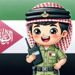 عکس واقعی یک پسر ۶ ساله با لباس پلیس ایران  درحالیکه با لبخند نگاه می کند و بیسیم در دست دارد و بک گراند پرچم مات ایران است بساز