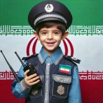 عکس یک پسر ۶ ساله با لباس پلیس ایران و کلاه پلیسی و بیسیم به دست درحالیکه با لبخند نگاه می‌کند و بک گراند پرچم مات ایران است بساز