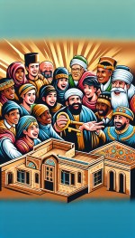 یک تصویر بساز مناسب لوگو برای املاک پادشاه که توی تصویر یک پادشاه ایرانی درحال هدیه دادن خونه به مردم هست و مردم همگی خوشحال هستن