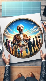 یک لوگو بساز به صورت دایره ای برای املاک که توی تصویر لوگو یک پادشاه ایرانی درحال هدیه دادن خونه با دستان خود به مردم هست و مردم همگی خوشحال هستند