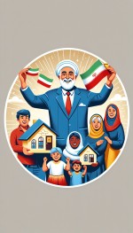یک لوگو بساز به صورت دایره ای برای املاک که توی تصویر لوگو یک پادشاه ایرانی درحال هدیه دادن خونه با دستان خود به تعدادی مردم هست و مردم همگی خوشحال هستند