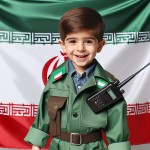 عکس پسر ۶ ساله رو با لباس سبز پلیس ایرانی بساز در حالیکه با لبخند نگاه می‌کند و بیسیم در دست دارد و بک گراند پرچم مات ایران است بساز