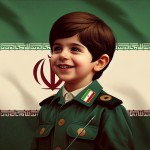 عکس یک پسر ۶ ساله ایرانی با لباس سبز سپاه  ایران بیسیم به دست با بک گراند مات پرچم ایران بساز