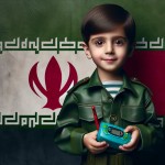 عکس یک پسر ۶ ساله ایرانی با لباس سبز ارتش ایران بیسیم به دست با پس زمینه مات پرچم ایران بساز