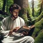 یک مرد در طبیعت نشسته و به یک درخت تکیه داده و در حال مطالعه است