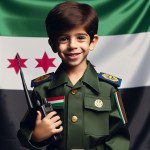 عکس واقعی یک پسر ۶ ساله در لباس پلیس سرهنگ ایران  که با لبخند به دوربین نگاه می‌کند و بی سیم در دست دارد و پس زمینه تصویر مات پرچم ایران است بساز
