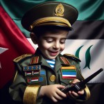 عکس یک پسر ۶ ساله در لباس پلیس سرهنگ ایران در حالیکه لبخند می‌زند و بی سیم به دست دارد و پس زمینه پرچم مات ایران باشد
