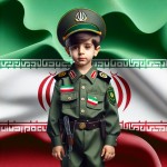 عکس یک پسر ۶ ساله در لباس سرهنگ پلیس ایرانی با پس زمینه پرچم مات ایران‌ بساز