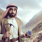 ینصویر ک رباط زمین شناس که در دست راست یک چکش زمین شناسی ودردست چپش یک سنگ لاجوردی دارد ودر کوهستان است