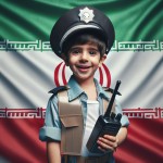 عکس واقعی یک پسر ۶ ساله در لباس پلیس سرهنگ و بی سیم در دست داشته باشد و با لبخند به دوربین نگاه کند و پس زمینه پرچم ایران بصورت مات باشد بساز