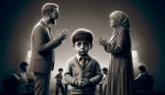 پسر بچه ۴ ساله معصوم ایرانی که پدر مادرش دعوا میکنن و پسر غمگین است و به پدر و مادرش نگاه میکنه