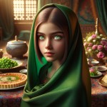 دختر بچه زیبای ایرانی با چشمان سبز و روسری سبز توی اتاق بسیار زیبای ایرانی  پشت میزی که رویش رومیزی زیبا و سفره هفتسین زیبا هست