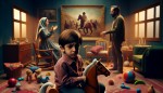 پسر ۶ ساله ایرانی کنار اسباب بازیهاش روی فرس نشسته در اتاق که پدر و مادرش در پشت تصویر دارن دعوا میکنن و پسر غمگین است