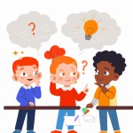 تصویر چند کودک دبستانی درحال فکر کردن و هم فکری با یکدیگر
