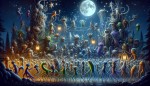 تصویر یک شب پرستاره با یک عروسی دیوانه‌وار که موجودات خیالی در حال رقصیدنند! 🌙✨