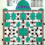 *"Persian architecture bird's-eye view, traditional but newly built Iranian courtyard house with pristine blue turquoise tiles and iwan, two-point perspective drawing, isometric precision. The building should appear completely new with all architectural elements in perfect condition - no cracks, no weathering, no damage. Freshly constructed appearance with clean surfaces, symmetrical details, and flawless tilework. Empty neutral background, 4k resolution, ultra-sharp details suitable for large-s