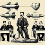 تعداد دانش آموزان در تصویر قلبی خیلی زیاد است در حد 4 دانش آموز پسر و بدون کروات . تعداد موشک ها 2 عدد. دانش آموز خوابیده سرش روی نیکت 1 عدد ؛ معلم اخمش کمتر و ریش اش کمتر باشد و دخترها نباشد