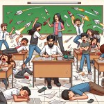 تصویری طراحی کن که دانش آموزان در حال هرج و مرج در کلاس درس و شلوغ کاری و پرتاب موشک کاغذی به یکدیگر هستند و برخی سرشان را روی نیکت گذاشته و برخی در حال دعوا هستند و معلم مرد کلاس که موهای مشکی ( تصویری ایرانی) دارد نمی تواند کلاس را کنترل کند. از نوشته در تصویر استفاده نکن