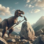 A Tyrannosaurus dinosaur in the mountains hits a rock with a geological hammer.