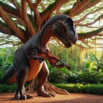 A Tyrannosaurus dinosaur playing the violin under a tall tree.