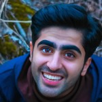 عکس از پسر چشم ابرو مشکی فرفری ایرانی درحال لبخند زدن و چشم هایی که از عشق پر شده و عاشق است در یک جنگل و در حالی که یکم سرش رو کج کرده