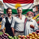 یک تصویر بساز از یک بازار میوه و خوراکی که چند مرد یکی با پیراهن سفید و جلیقه مشکی و یکی با لباس کردی و یک پیر مرد هم با لباس سفید و شال عربی قرمز و پوست تیره خوشحال هستند و پرچم ایران هم در پشت تصویر است