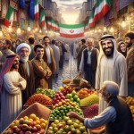 یک تصویر بساز از یک بازار میوه و خوراکی که چند مرد یکی با پوست تیره و لباس عربی یکی با لباس پیراهن سفید و جلیقه مشکی و یکی با لباس کردی و یک پیر مرد هم با لباس سفید خوشحال هستند و پرچم ایران هم در پشت تصویر است