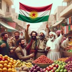 یک تصویر بساز از یک بازار میوه و خوراکی که چند مرد یکی با پوست تیره یکی با لباس محلی شمالی و یکی با لباس کردی و یک پیر مرد هم با لباس سفید خوشحال هستند و پرچم ایران هم در پشت تصویر برافراشته است
