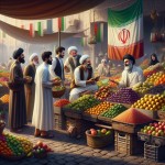 یک تصویر بساز از یک بازار میوه و خوراکی که چند مرد یکی با پوست تیره و لباس عربی یکی با لباس پیراهن سفید و جلیقه مشکی و یکی با لباس کردی و یک پیر مرد هم با لباس سفید خوشحال هستند و پرچم ایران هم در پشت تصویر است