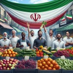 یک تصویر بساز از یک بازار میوه و خوراکی که همه مرد ها خوشحال هستند و پرچم ایران هم در پشت تصویر برافراشته است