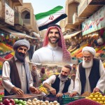 یک تصویر بساز از یک بازار میوه و خوراکی که چند مرد یکی با پوست تیره و لباس عربی یکی با لباس پیراهن سفید و جلیقه مشکی و یکی با لباس کردی و یک پیر مرد هم با لباس سفید خوشحال هستند و پرچم ایران هم در پشت تصویر است
