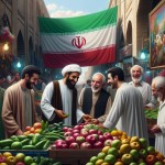 یک تصویر بساز از یک بازار میوه و خوراکی که چند مرد یکی با پوست تیره و لباس عربی یکی با لباس پیراهن سفید و جلیقه مشکی و یکی با لباس کردی و یک پیر مرد هم با لباس سفید خوشحال هستند و پرچم ایران هم در پشت تصویر است