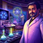A proud Iranian scientist standing in a futuristic laboratory after discovering nuclear energy. He is wearing a modern lab coat with traditional Persian motifs embroidered on it. Behind him are glowing blue nuclear reactors, digital screens showing atomic structures, and books in Persian script. The scientist has a joyful expression, with soft lighting highlighting his face. The art style is semi-realistic with Persian cultural elements subtly integrated into the environment. The atmosphere is i
