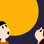 عکس یک دختر و پسر که دارن به ماه نگاه میکنن و رنگ موهای هر دو مشکی و رنگ پوست شون هم زرد است به صورت کارتونی تحویل بده