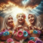 سه دختر ده ساله نوجوان زیبا و سفید پوست و محجبه و خوش حال  در بهشت در حال ساختن سبدی پر از گل های زیبا