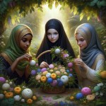 سه دختر زیبای محجبه زیبا در بهشت در حال ساخت گلسر