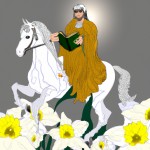 یک شخص با لباس عربی میان گل های نرگس با قرآنی در دست و صورت نورانی سوار بر اسب سفید