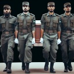 چهار مرد قوی با لباس سپاه تابوت را روی زمین میکشند