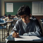 یک پسر بچه که روی صندلی تو مدرسه داره آزمون می ده