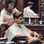 یک آقا در آرایشگاه روی صندلی آرایشگاه  نشسته و  سلمانی مو های اورا با قیچی و شانه در دست اصلاح می‌کند.