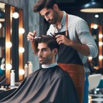 یک آقا در آرایشگاه روی صندلی آرایشگاه نشسته و آقای(نه خانم) آرایشگر با قیچی و شانه در دست مشغول آرایش مو های او است.