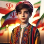 عکس یک پسر ۱۲ ساله ایرانی که لباس یگان ویژه ایرانی پوشیده و در پس زمینه تصویر مات پرچم ایران است بساز