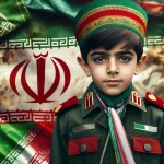 عکس یک پسر ۱۲ ساله ایرانی که لباس ارتشی ایرانی پوشیده و در پس زمینه تصویر مات پرچم ایران هست بساز